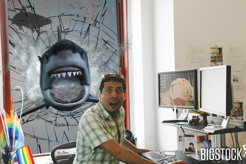   Erick was hard at work when the Sharknado happened. He now regrets throwing a fit about getting the window desk.  