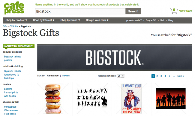  Screen shot of CafePress Bigstock Gifts 