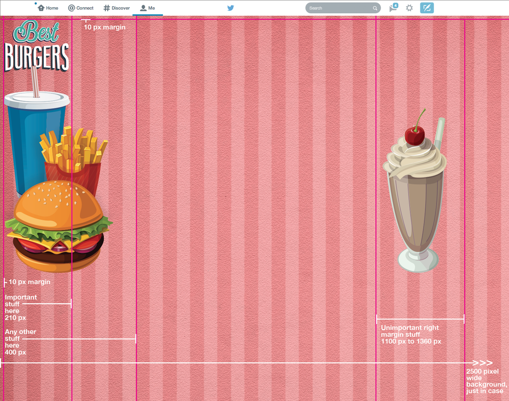  Twitter background image guides: 10 px safety margin; important content within 210 px;  