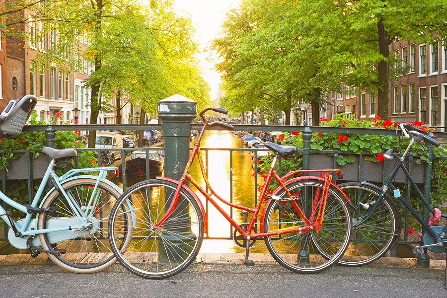  Stock photo of bikes on bridge in Amsterdam. 